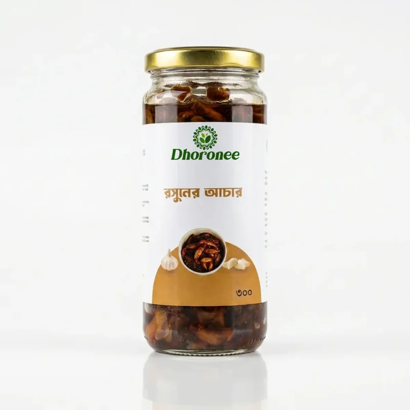 Dhoronee roshun achar garlic pickle 300g jar packaging