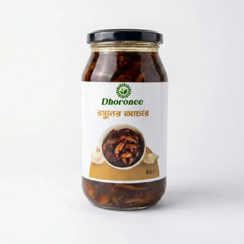 Dhoronee roshun achar garlic pickle 500g jar packaging